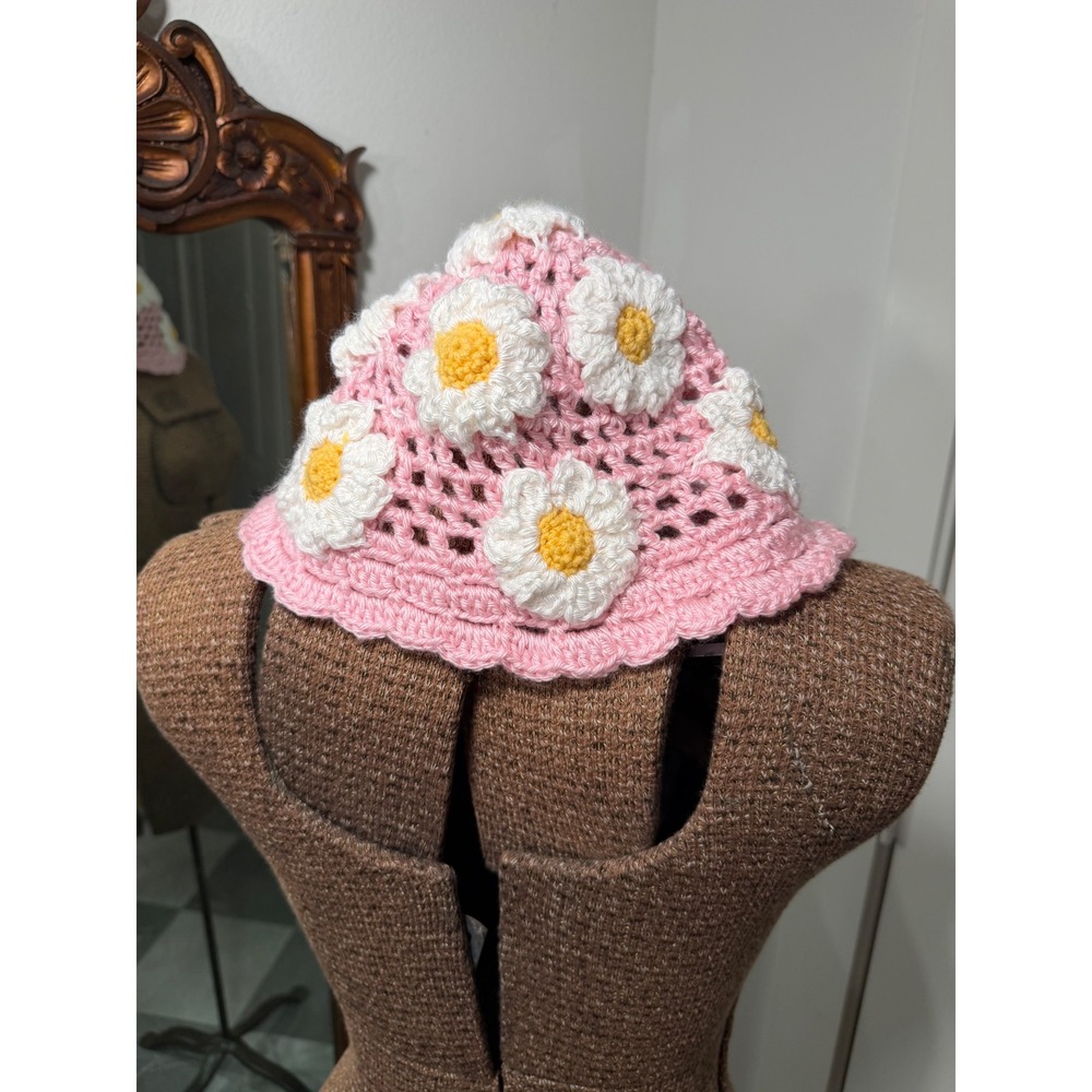 Handmade Pink Crochet Daisy Bucket Hat Floral Boho Cottagecore Festival Sun Hat